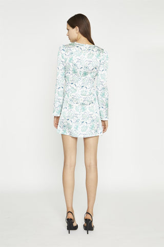 White-Mint Paisley Satin Gathered Keyhole Mini-Dress