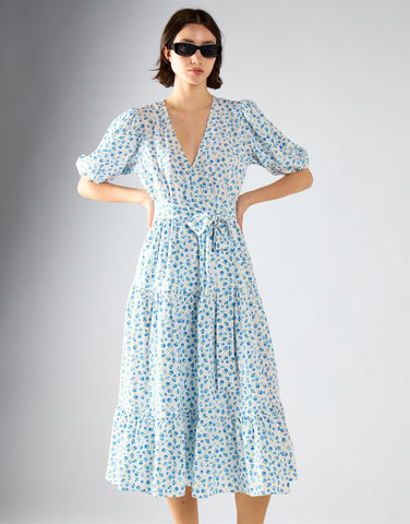 Blue Bud Floral Wrap V-Neck Midi Dress
