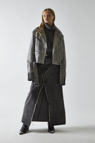 Biker Long sleeve Jacket - Grey Distressed Pu