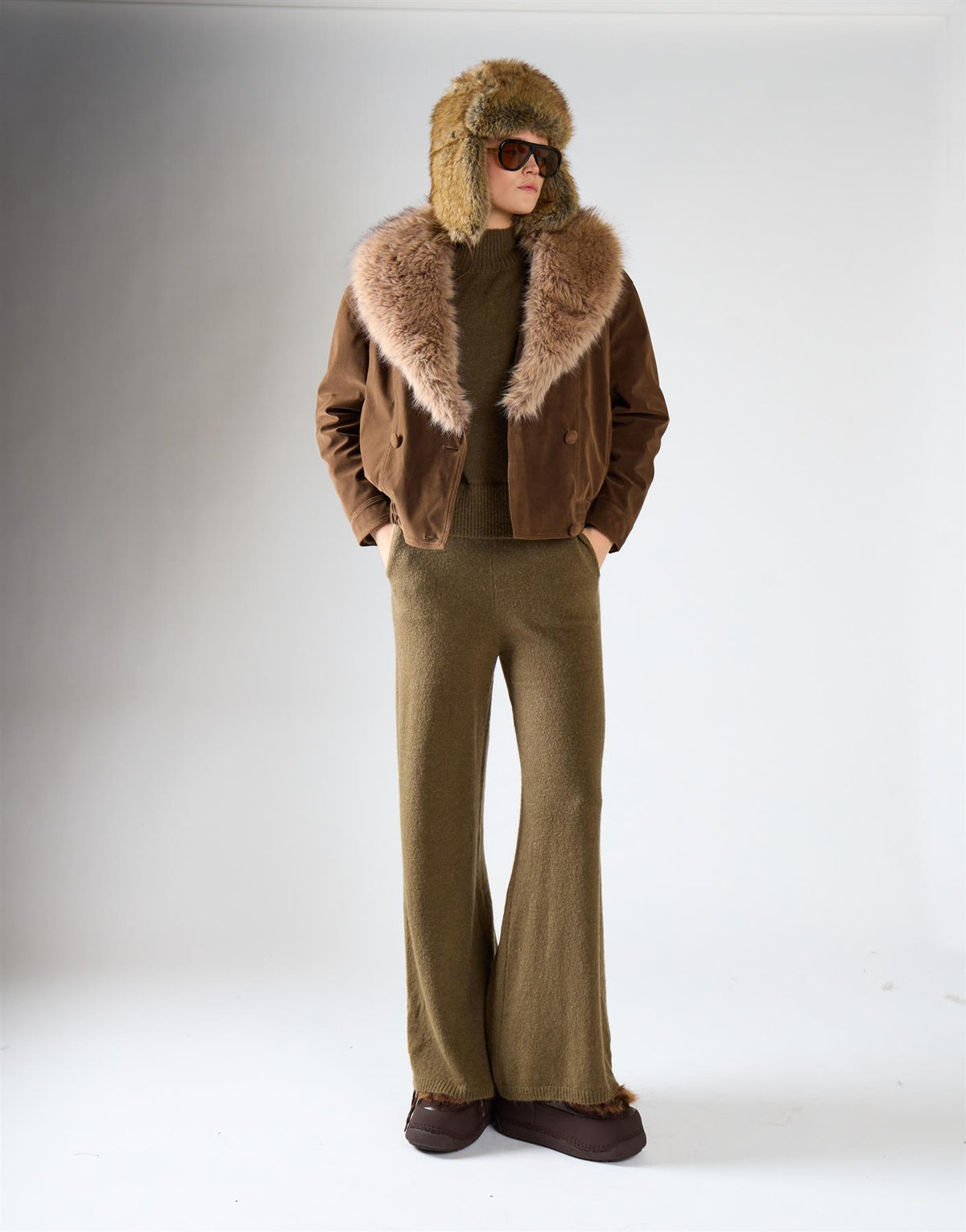 Khaki Brown Faux Fur Collar Bomber Jacket