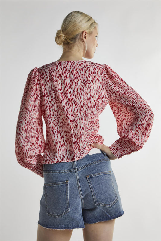 White Red Print Long Sleeve-Top