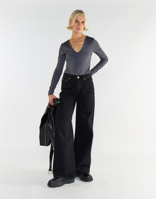 Dark Grey V Neck Bodysuit