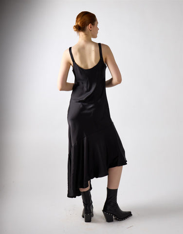 Asymmetrical Scoop Neck Midi Dress - Black Satin