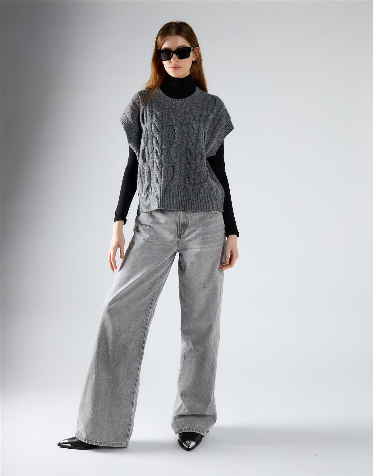 Dark Grey Marl Cable Knit Vest Top