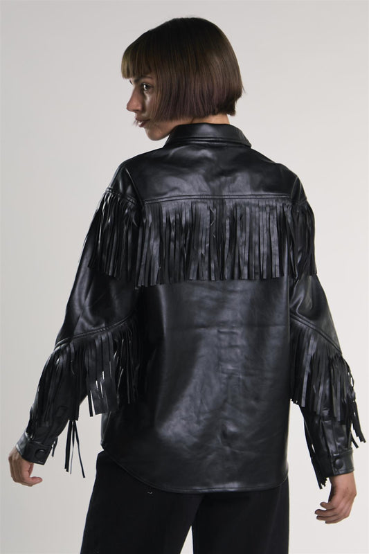 Black PU Faux-Leather Fringe Shirt