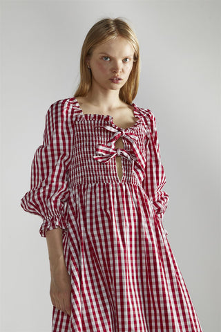Cherry-Red-Gingham Front-Tie-V-Neck Midaxi-Dress