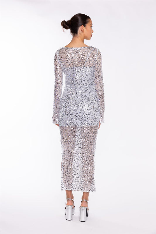 Silver Sequin-Mesh V-neck Maxi-Dress