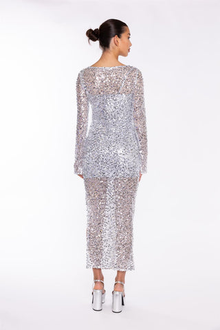 Silver Sequin-Mesh V-neck Maxi-Dress