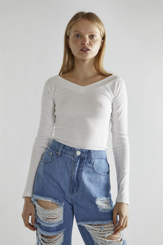 White-Rib V-Neck Long-Sleeve Top
