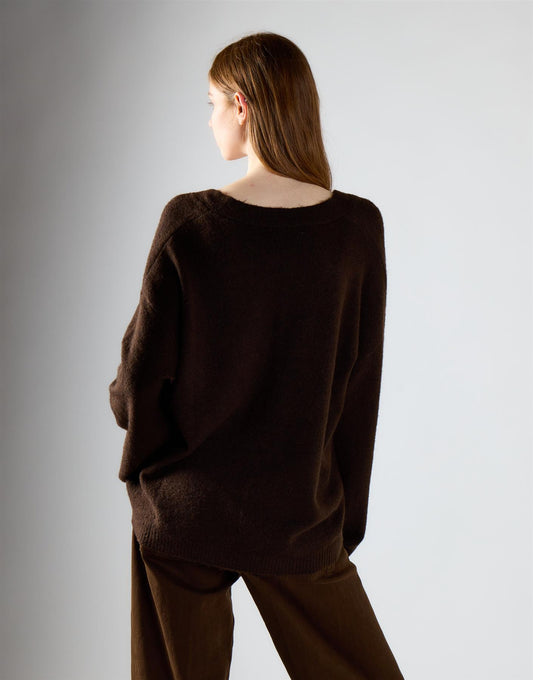Khaki Brown V-Neck Cardigan With Pockets