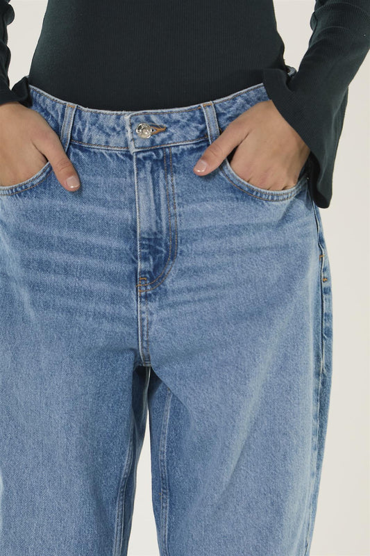 Mid Blue High Rise Straight-Leg Denim Jeans