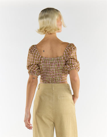 Sweetheart short sleeve Crop Top in Red Green Multi Check