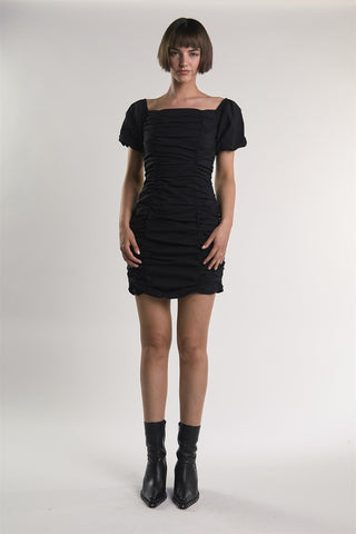 Black Puff-Sleeve-Gathered Mini-Dress