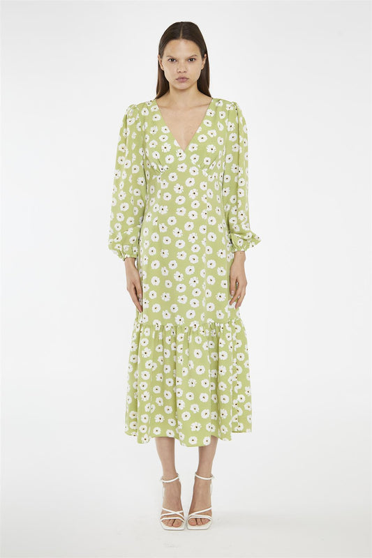 Skater Midi Dress - Olive Green Flower