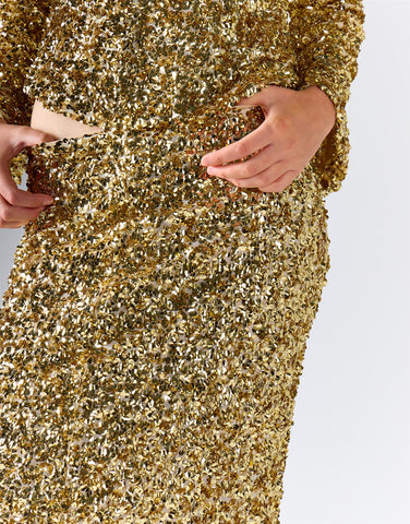 Gold Sequin Side-Slit Midi Skirt
