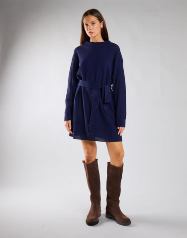 Navy Belted Long-Sleeves Knit Mini Dress