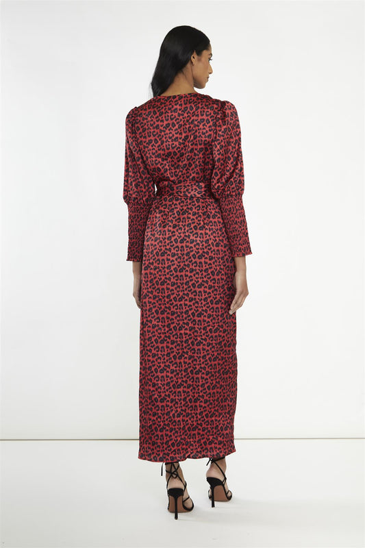 Red-Black Animal Wrap Midi-Dress