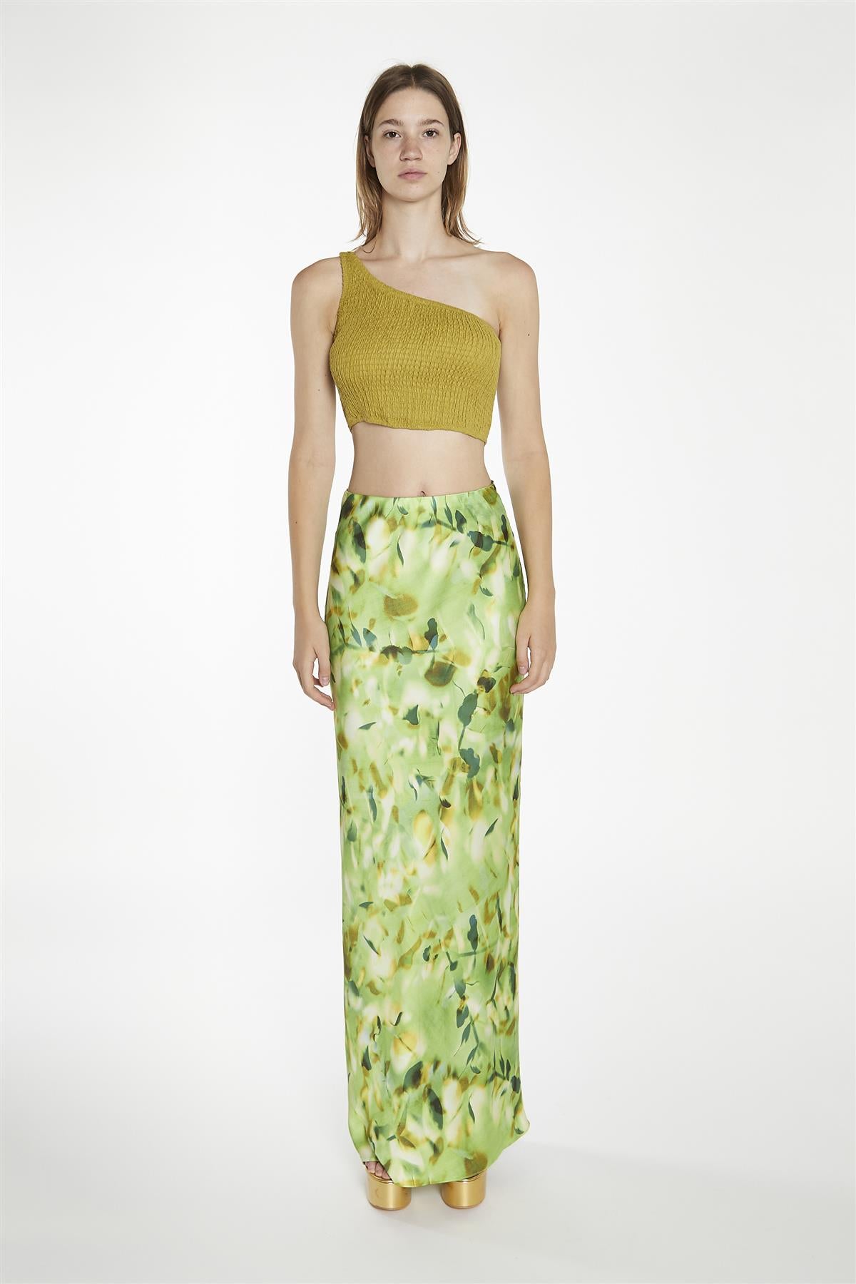 Olive-Green One-Shoulder-Shirred Crop-Top