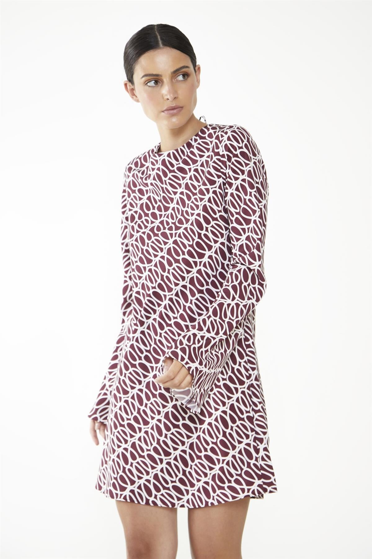 Burgundy Squiggle Print Short Dress