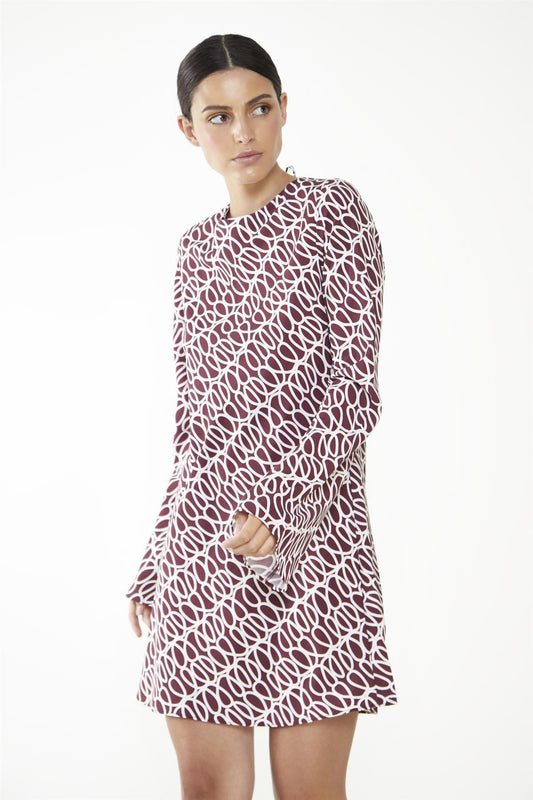 Burgundy Squiggle Print Short Dress