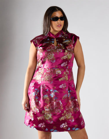 Wine Brocade Pleated Skirt Mini Dress