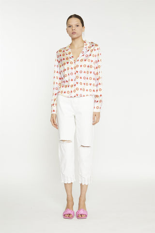 Pastel Tile Print Floral Button-Up Crop-Top