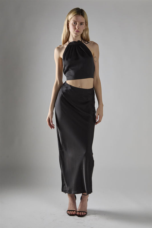 Black Satin Halter-Neck Crop-Top