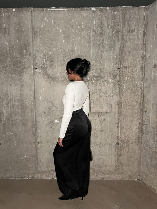Black-Sateen High-Waisted Wide-Leg-Trousers
