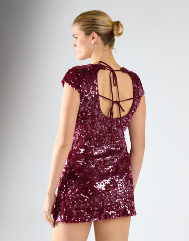Port Red Sequin Cap-Sleeves Open Tie Back Mini Dress