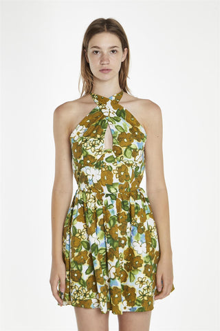 Large-Brown-Green-Floral Cross-Over-Halter-Neck Mini-Dress