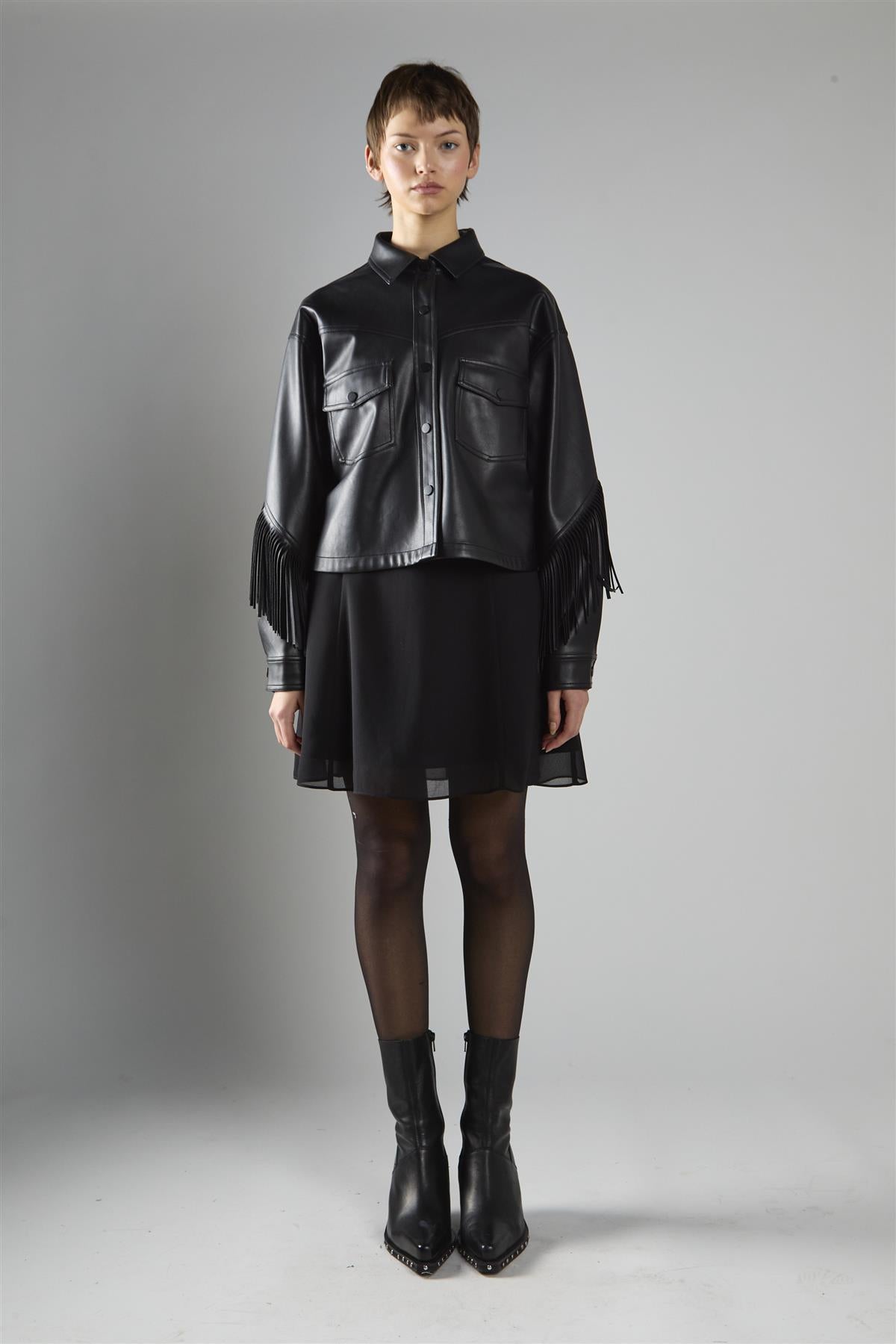 Black Pu Asymmetric Fringe Button-front Jacket