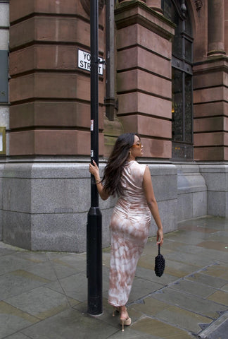 Tie Dye Sleeveless High Neck Bodycon Midi Dress with ruched back