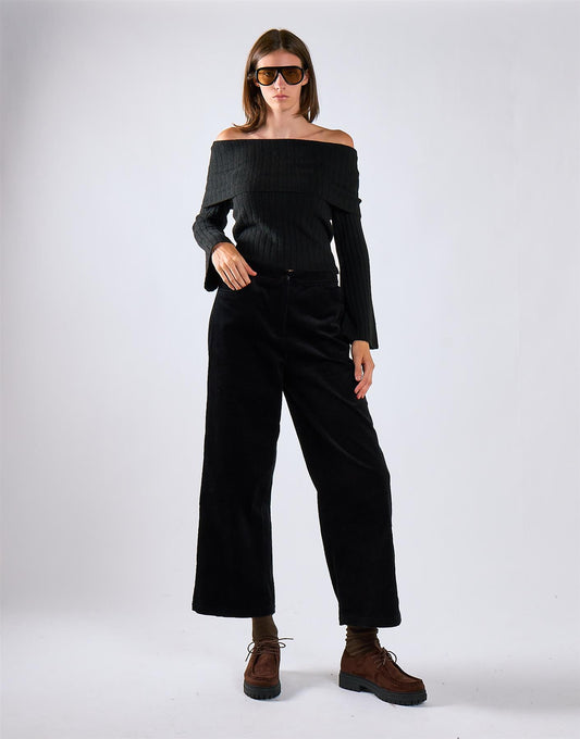 Black Corduroy Wide Leg Trousers