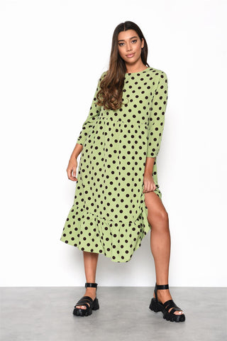 Green Brown Polka Dot Frill Midi Dress