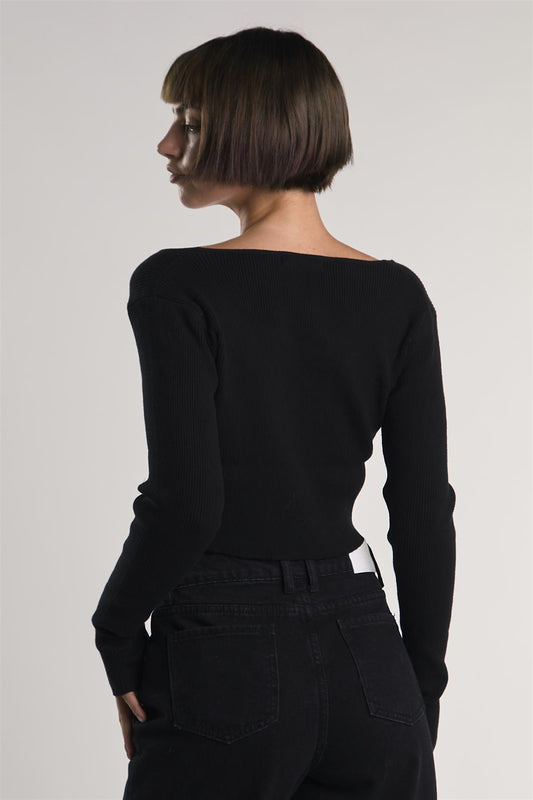 Black Open-Front-Ribbed Crop-Top