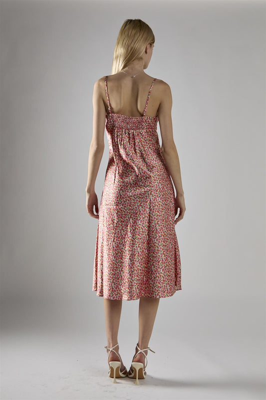 Multi Coral Ditsy Spaghetti-Strap Midi-Dress
