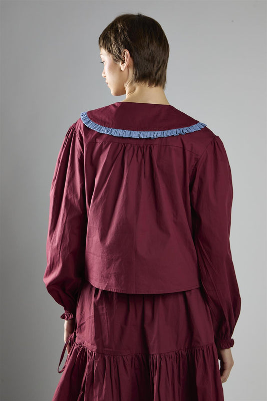 Burgundy-Blue Tie-Collar Blouse