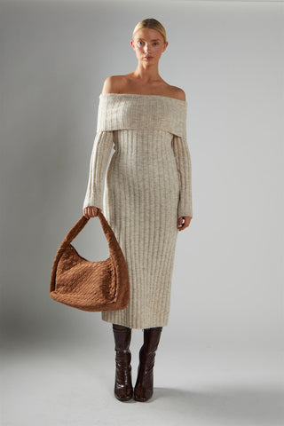 Stone-Marl Bardot-Knit Midi-Dress