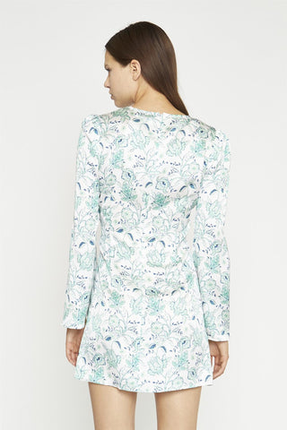 White-Mint Paisley Satin Gathered Keyhole Mini-Dress