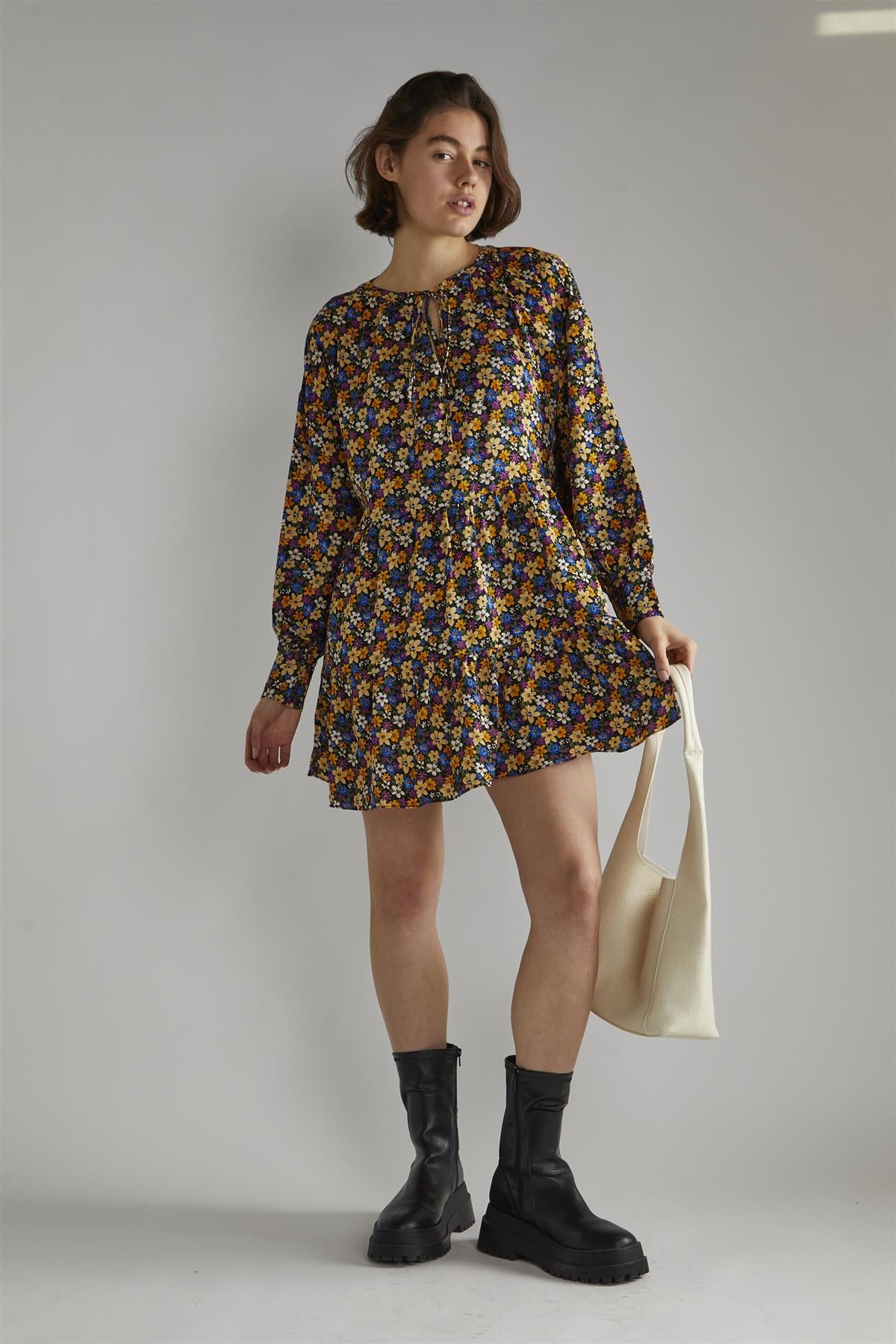 Tie Front Long Sleeve Mini Dress - Dark Floral