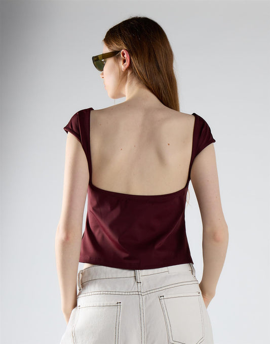 Burgundy Open Square Back Cap-Sleeve Top