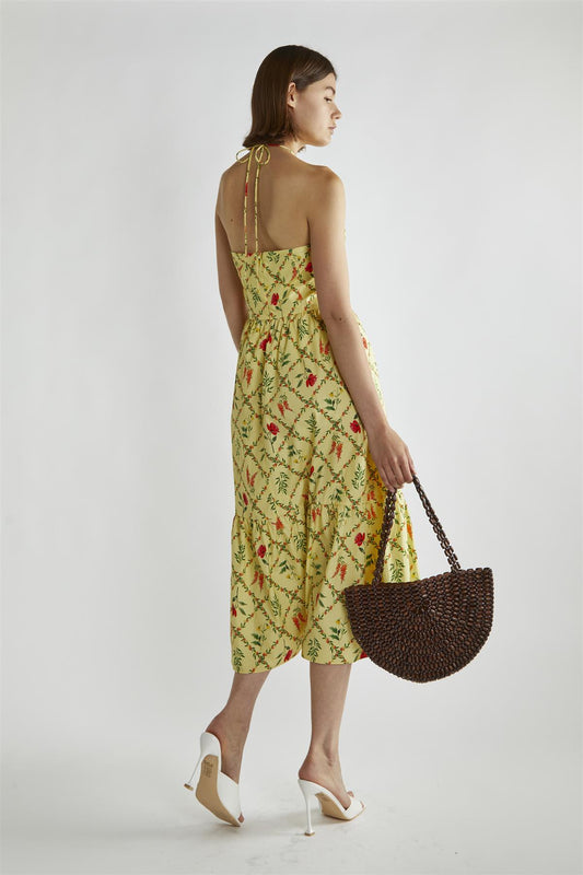 Yellow Floral Lattice Sleeveless V-Neck Maxi-Dress