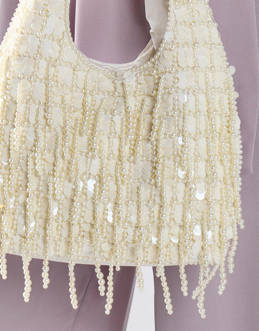 White Sequin Pearl Detail Bag
