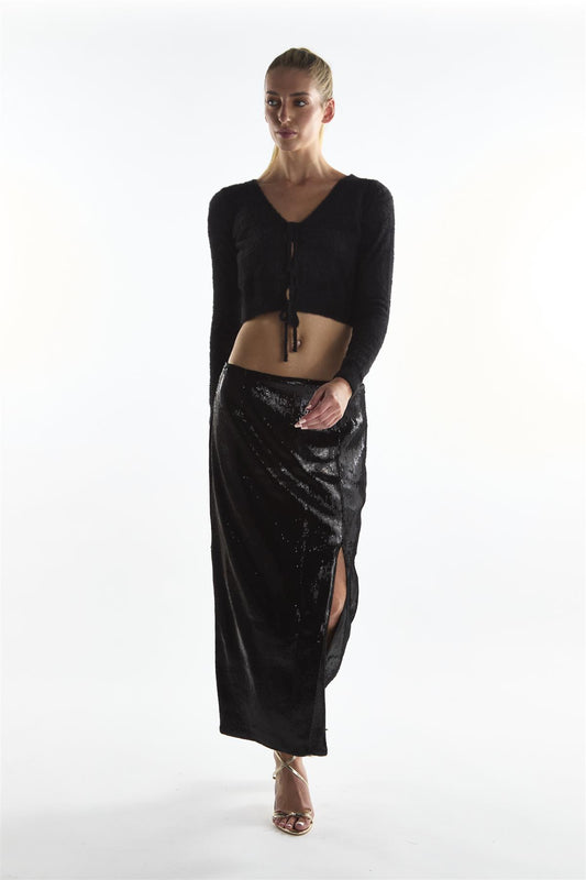 Black Sequin Leg-Split Midi Skirt