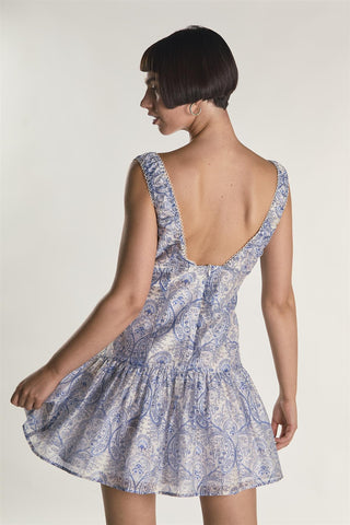 White Blue Paisley Tie Front Mini Dress