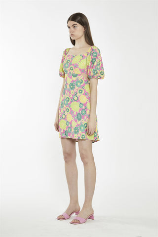 Shift Square Neck Short Dress - Pink Multi 60S Flower