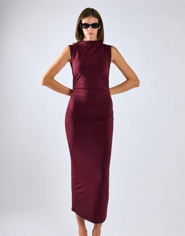 Burgundy Sleeveless High-Neck Ruched Midi Bodycon Dress