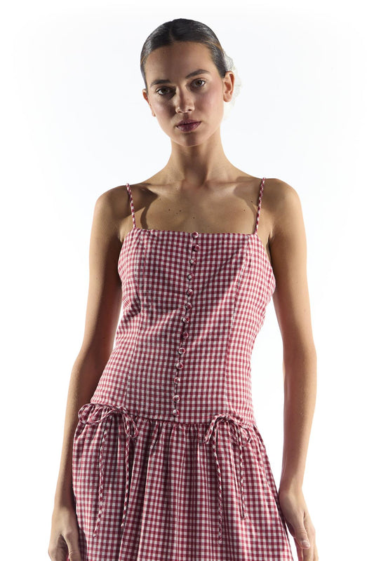 Red Gingham Button Through Dropped Waist Midi Dress