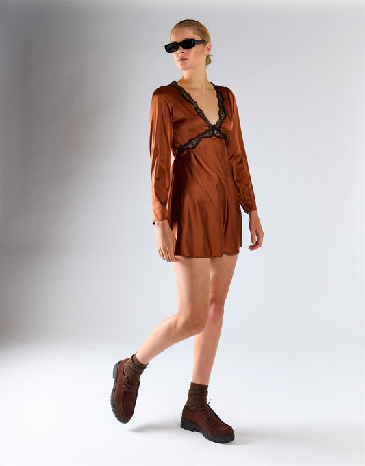 Copper Satin Long-Sleeves Lace Trim Mini Dress