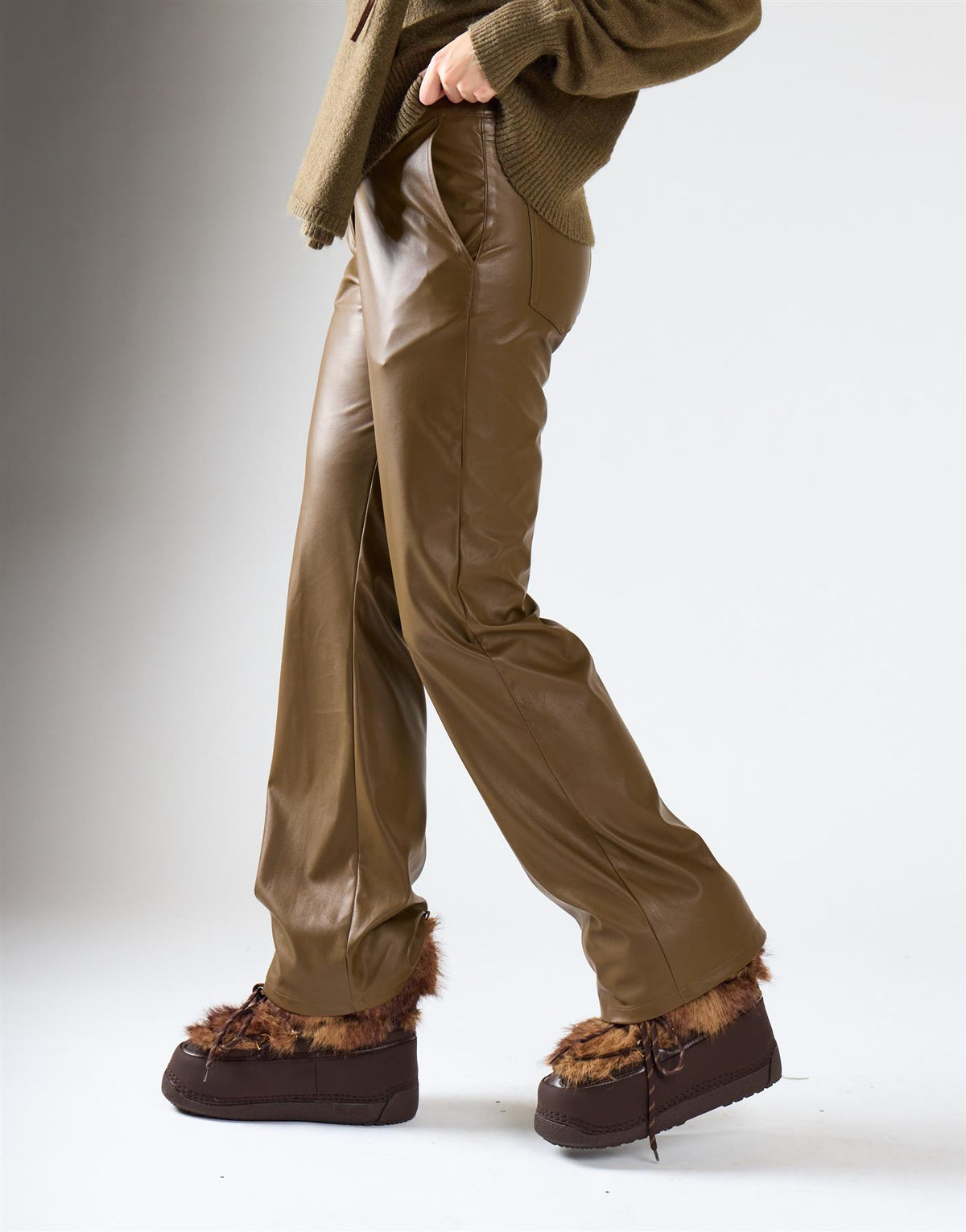 Khaki PU Patch Pockets Trousers